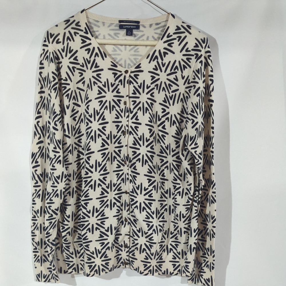 Lands' End Black and Cream Geometric V-Neck Sweater